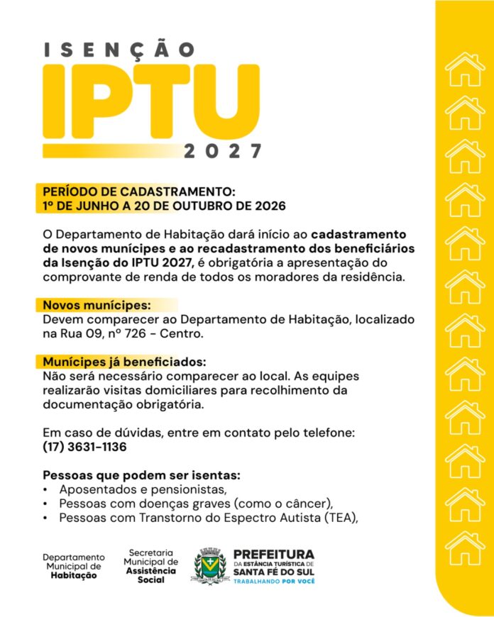 Solicitação de Isenção do IPTU 2027 já está aberta em Santa Fé do Sul e segue até 20 de outubro (1)
